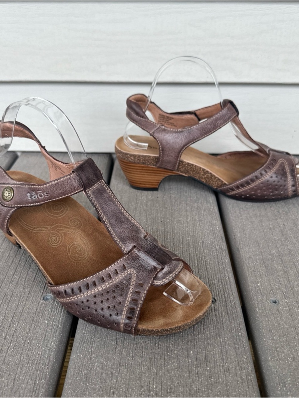 Taos Footwear Brown Leather T-Strap Low Wedge Sandals